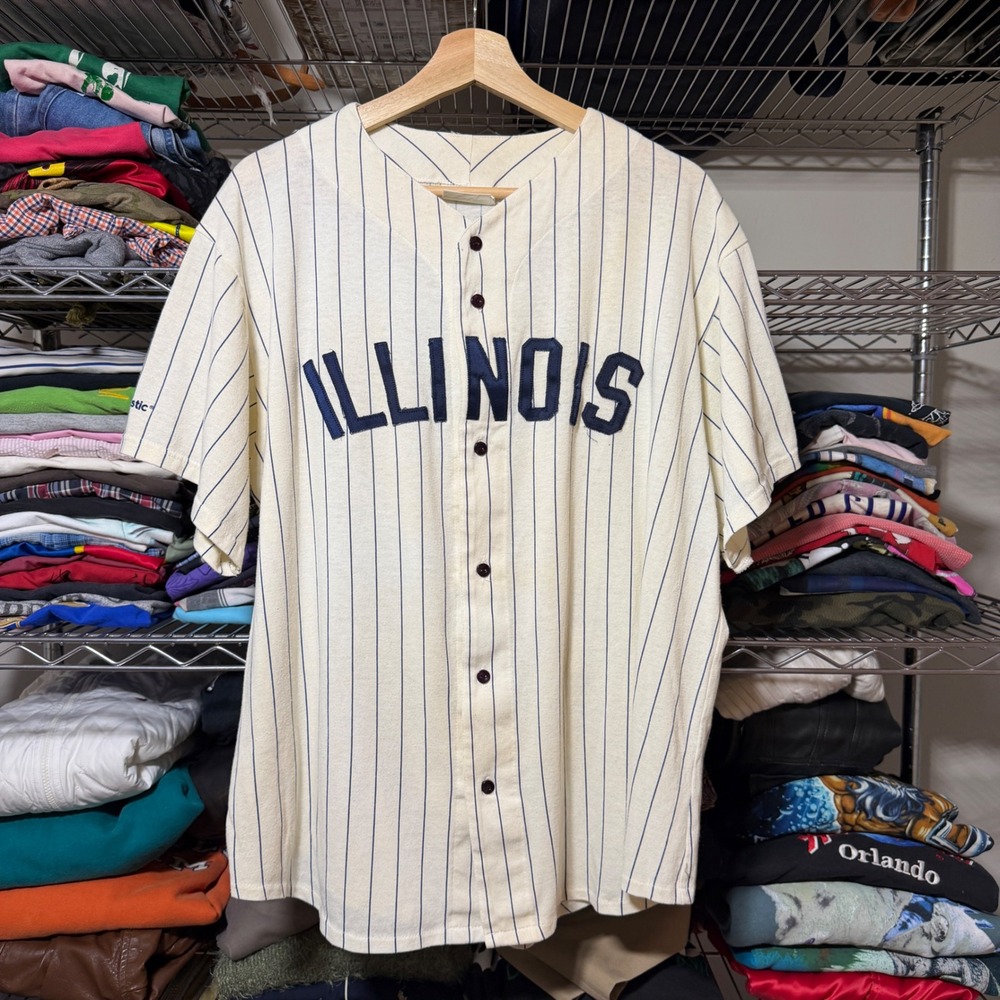 Vintage Majestic Jersey Men's XL Illinois Baseball Pinstripe V-Neck Button Front